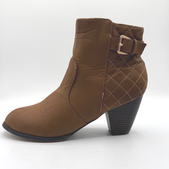 Tan Quilted Buckle Ankle Boots Block Heel Side Zip Almond Toe Size 9 - Picture 6 of 10